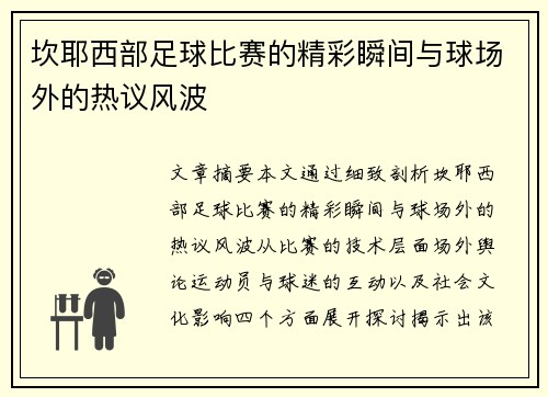 坎耶西部足球比赛的精彩瞬间与球场外的热议风波