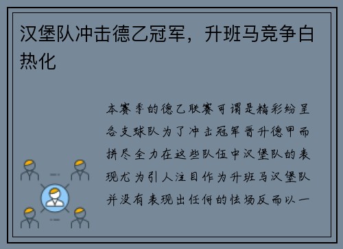 汉堡队冲击德乙冠军，升班马竞争白热化